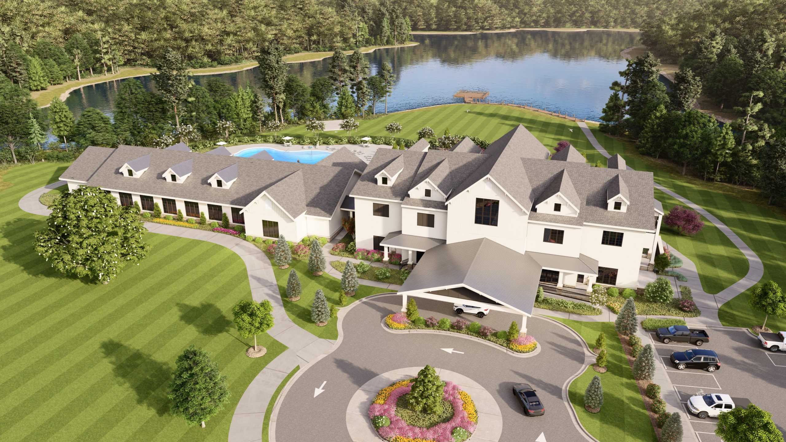 cresswind georgia at twin lakes clubhouse rendering aerial lakeview